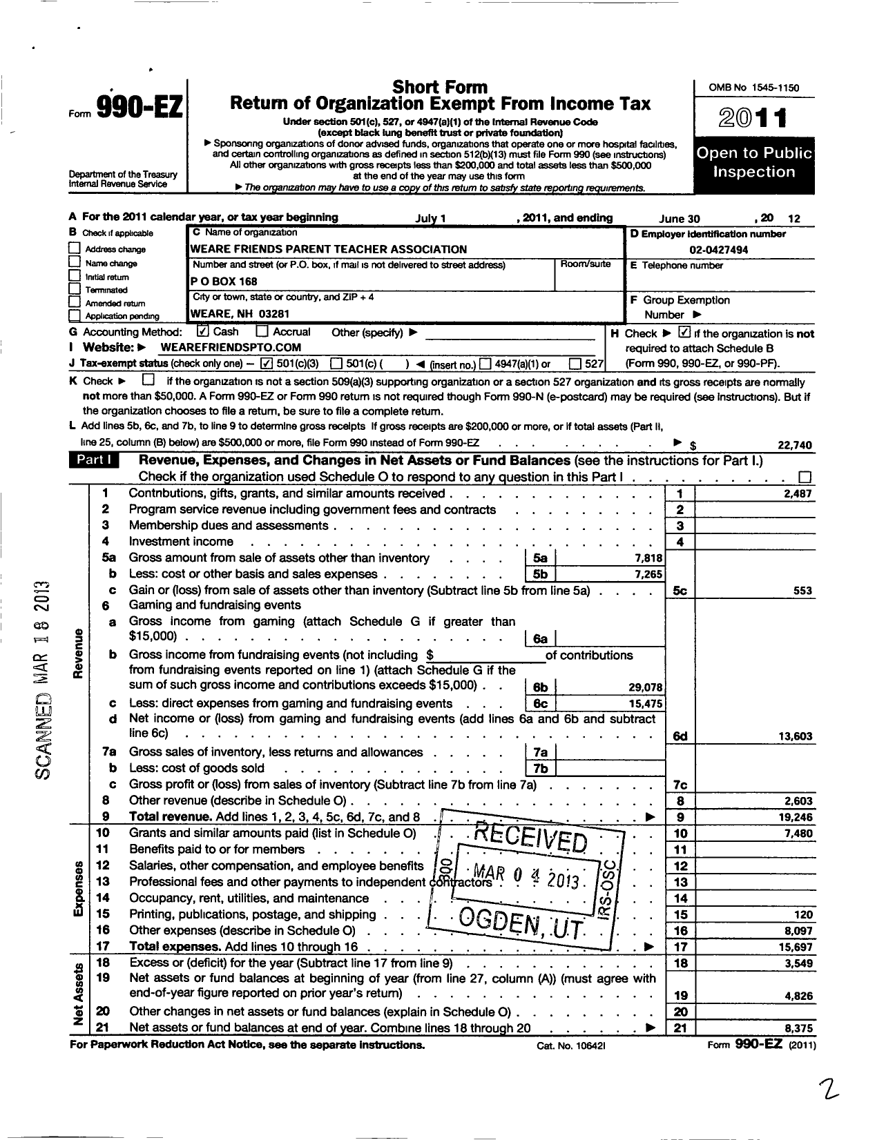 Image of first page of 2011 Form 990EZ for Weare Friends