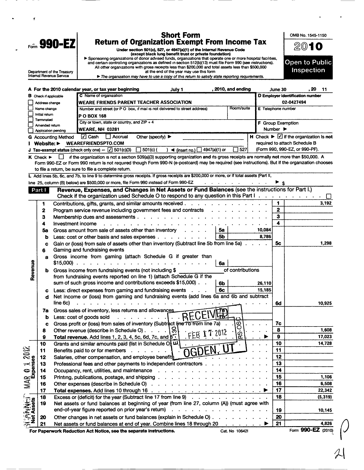 Image of first page of 2010 Form 990EZ for Weare Friends