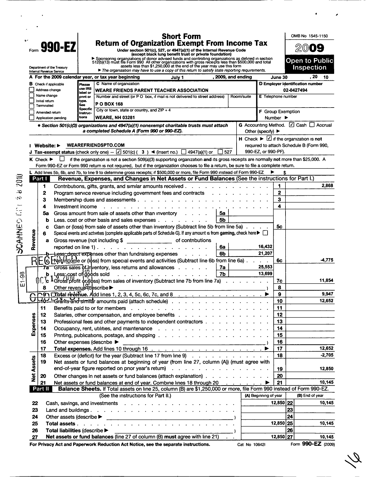 Image of first page of 2009 Form 990EZ for Weare Friends