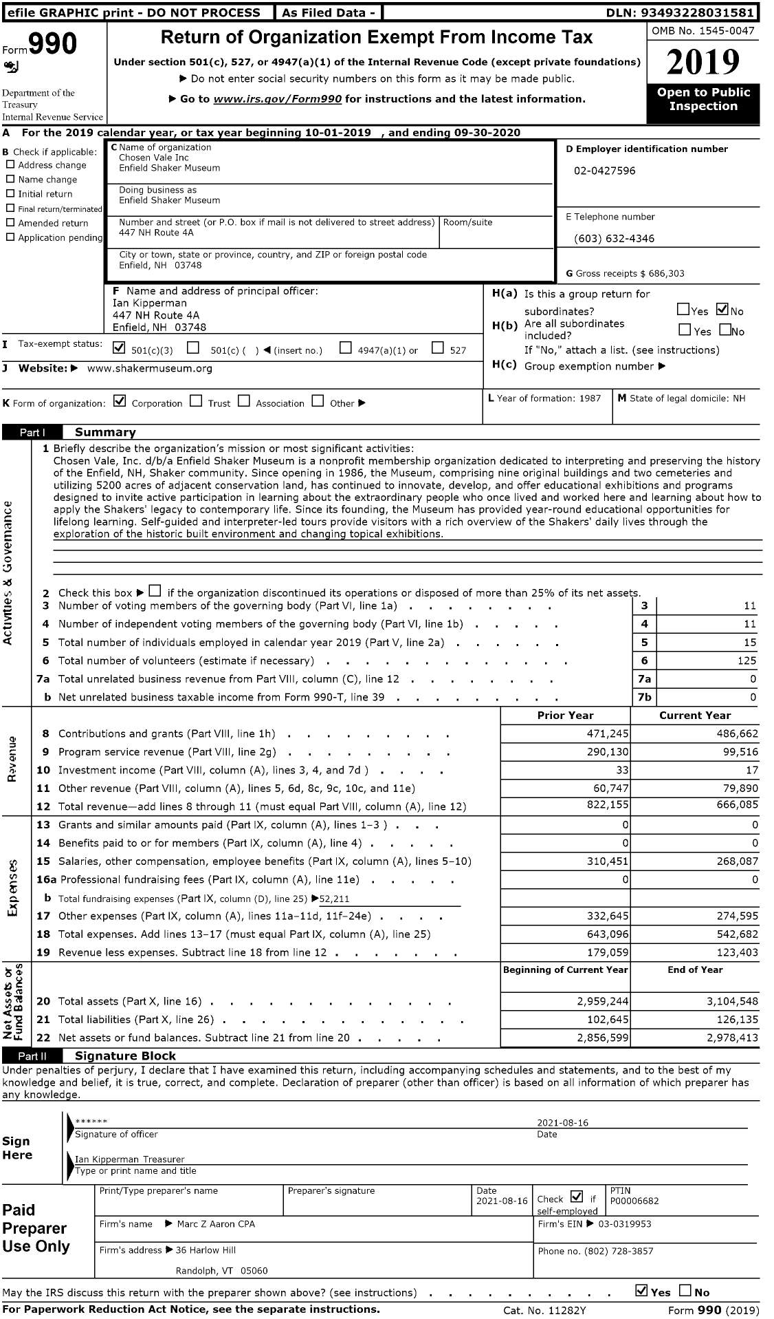 Image of first page of 2019 Form 990 for Chosen Vale Inc Enfield Shaker Museum