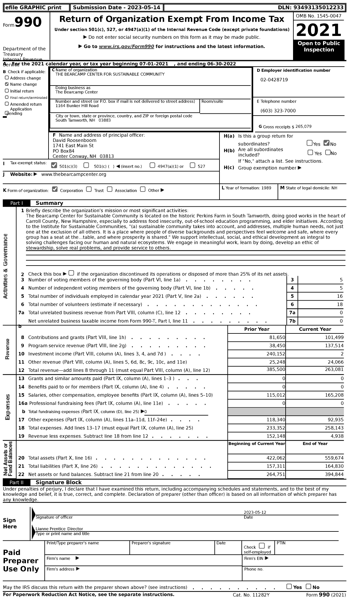 Image of first page of 2021 Form 990 for The Bearcamp Center