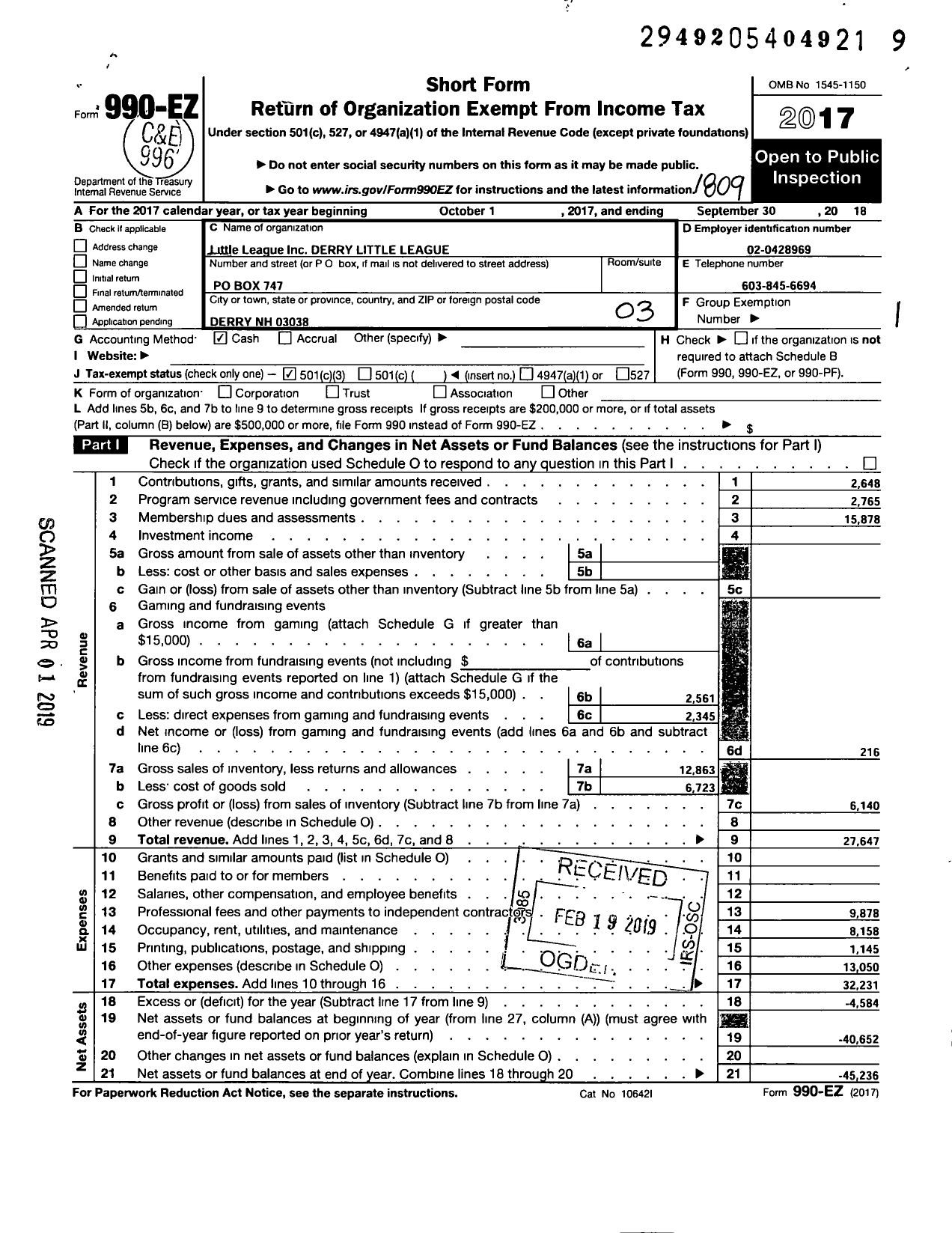 Image of first page of 2017 Form 990EZ for Little League Baseball - 2290105 Derry American LL