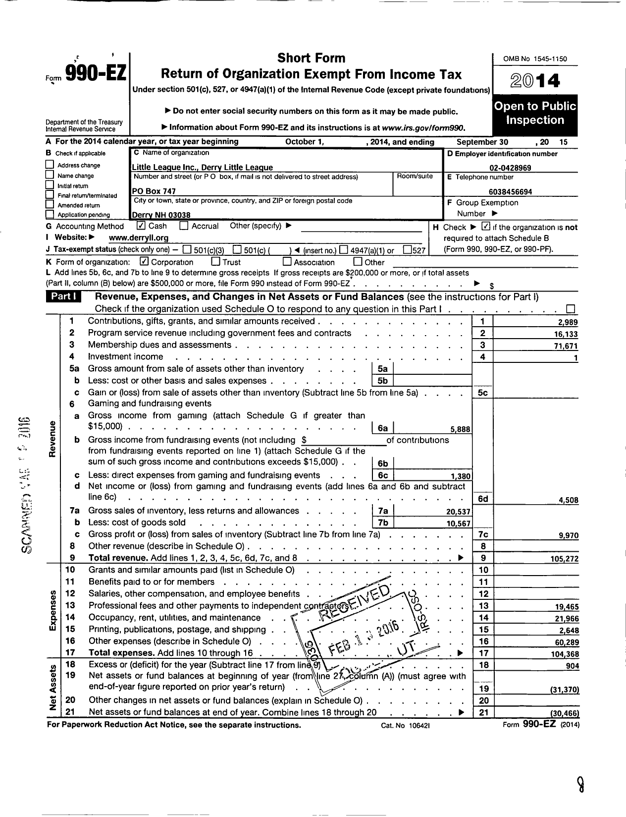 Image of first page of 2014 Form 990EO for Little League Baseball - 2290105 Derry American LL