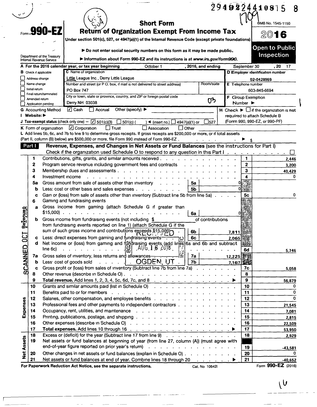 Image of first page of 2016 Form 990EZ for Little League Baseball - 2290105 Derry American LL