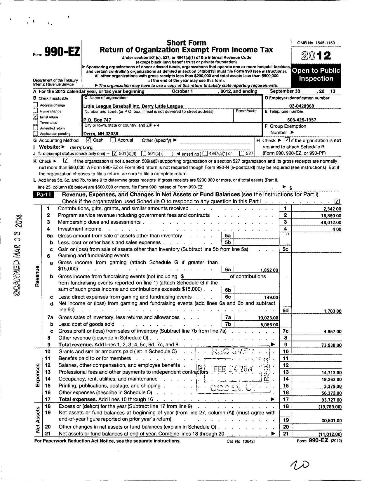 Image of first page of 2012 Form 990EZ for Little League Baseball - 2290105 Derry American LL