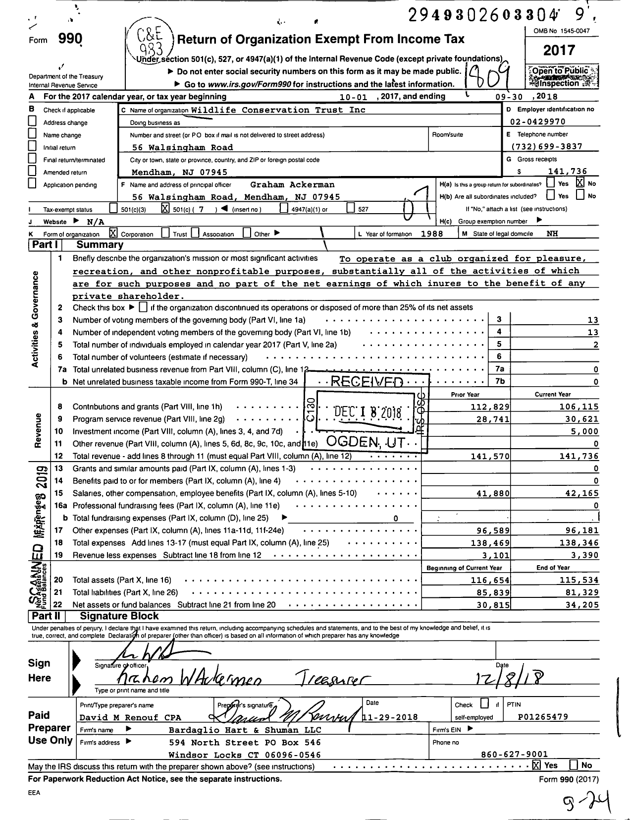 Image of first page of 2017 Form 990O for Wildlife Conservation Trust