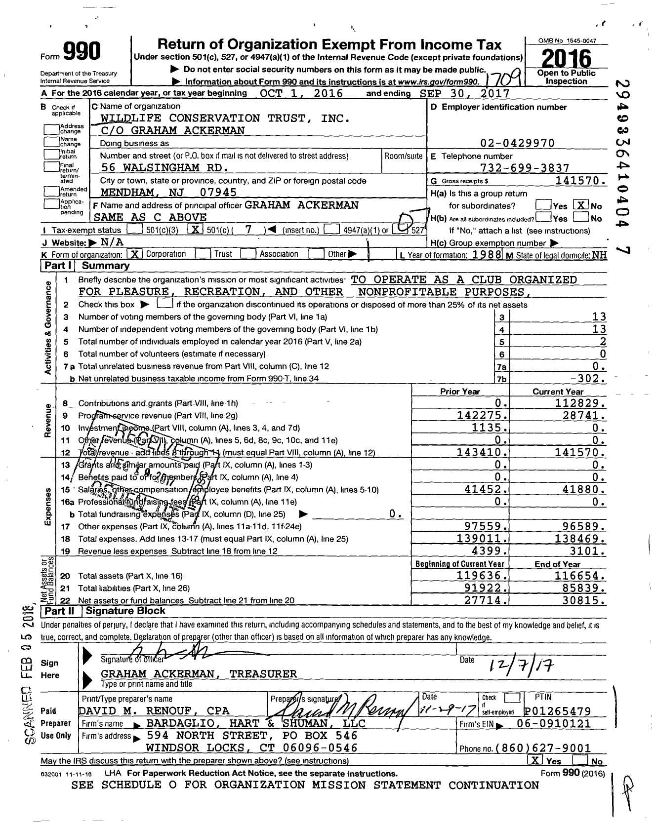 Image of first page of 2016 Form 990O for Wildlife Conservation Trust