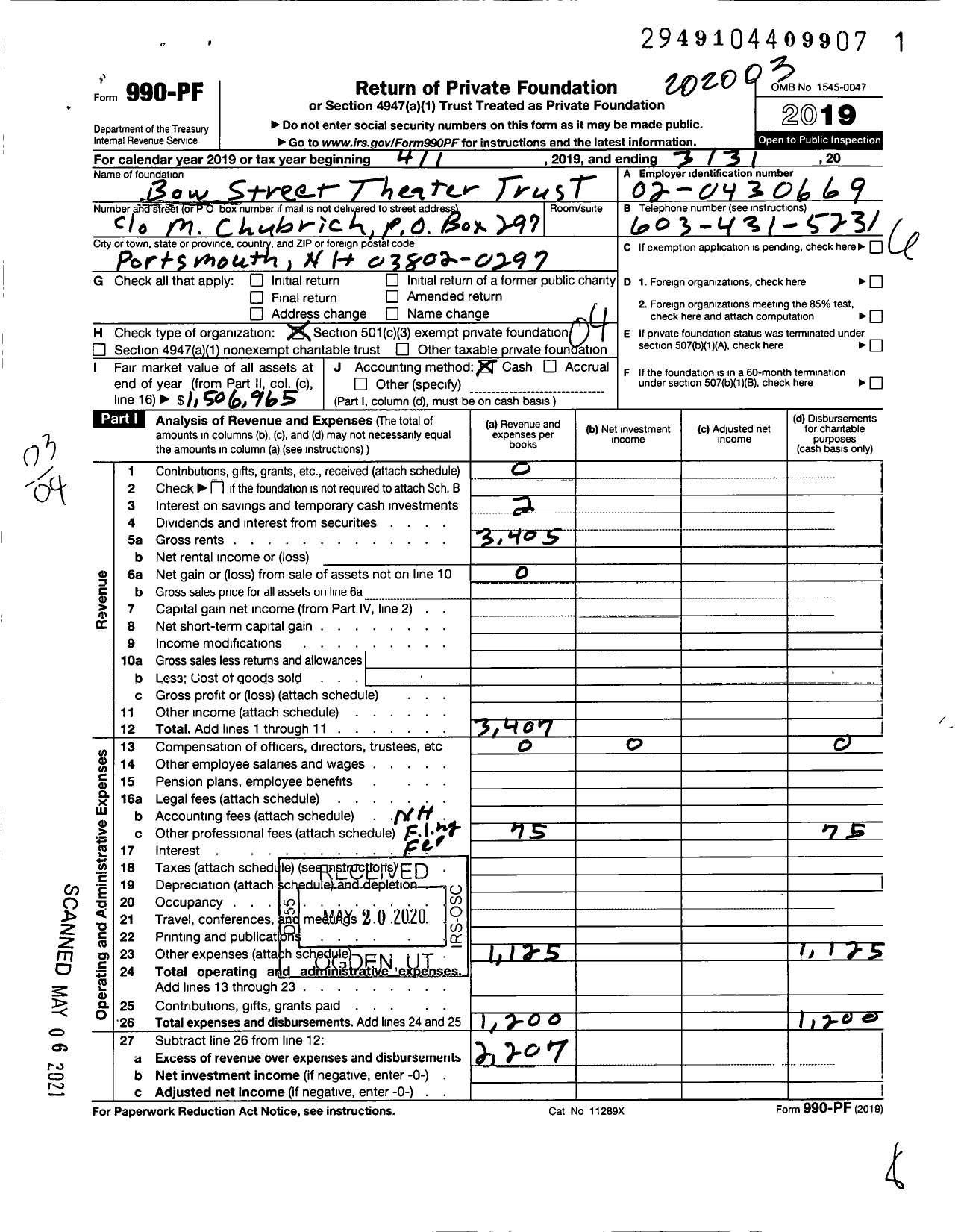 Image of first page of 2019 Form 990PF for Bow Street Theatre Trust