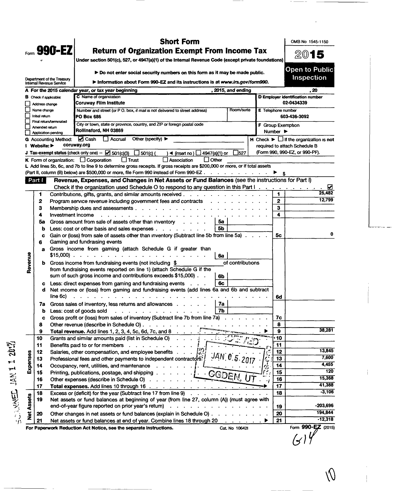 Image of first page of 2015 Form 990EZ for Coruway Film Institute