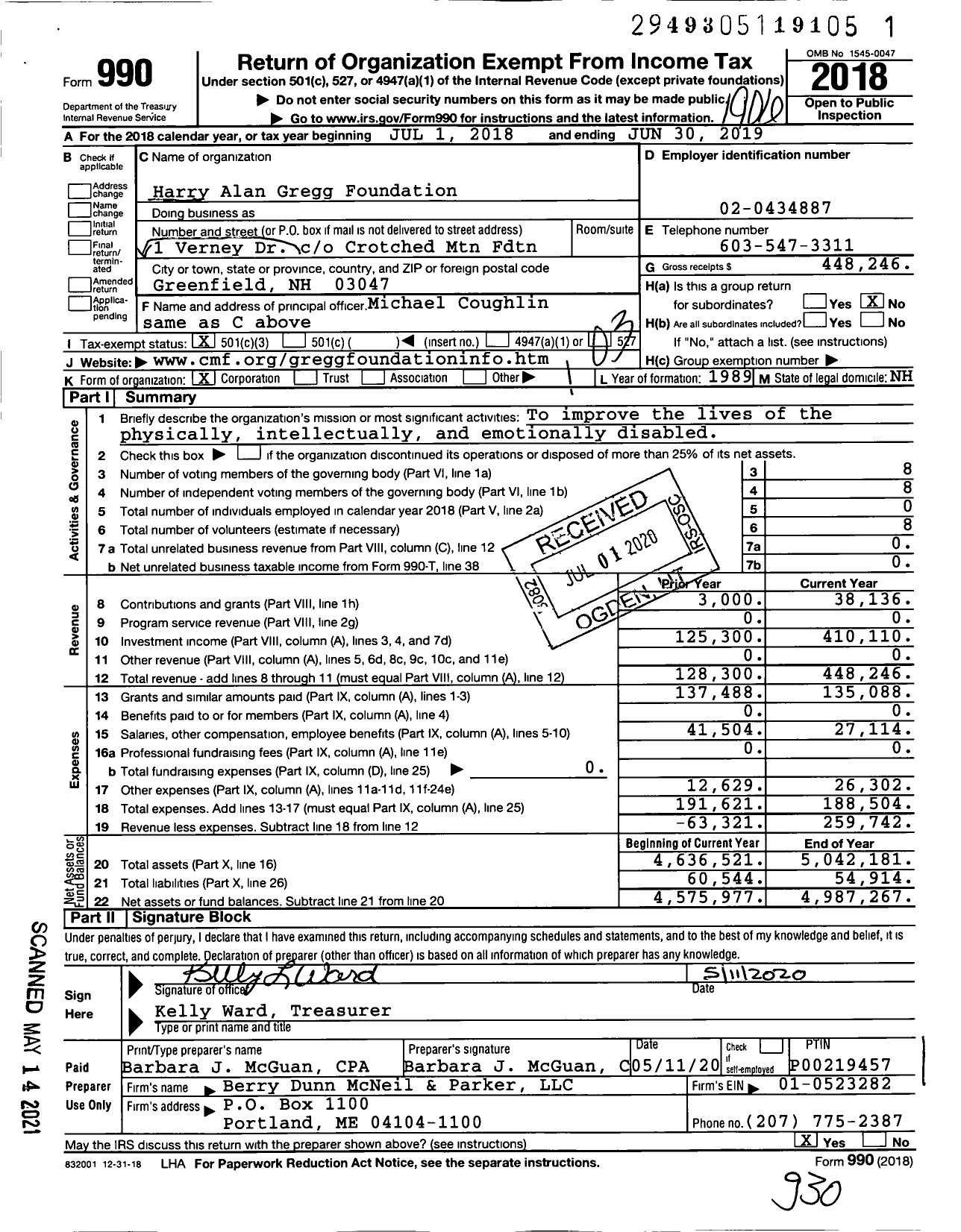 Image of first page of 2018 Form 990 for Harry Alan Gregg Foundation