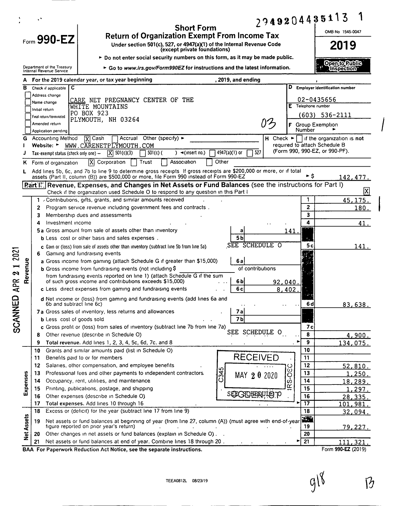 Image of first page of 2019 Form 990EZ for Care Net Pregnancy Center of the White Mountains
