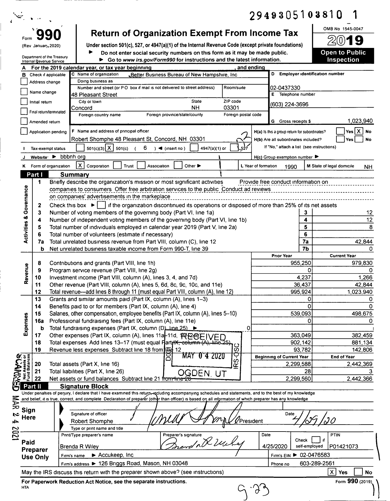 Image of first page of 2019 Form 990 for Better Business Bureau of New Hampshire