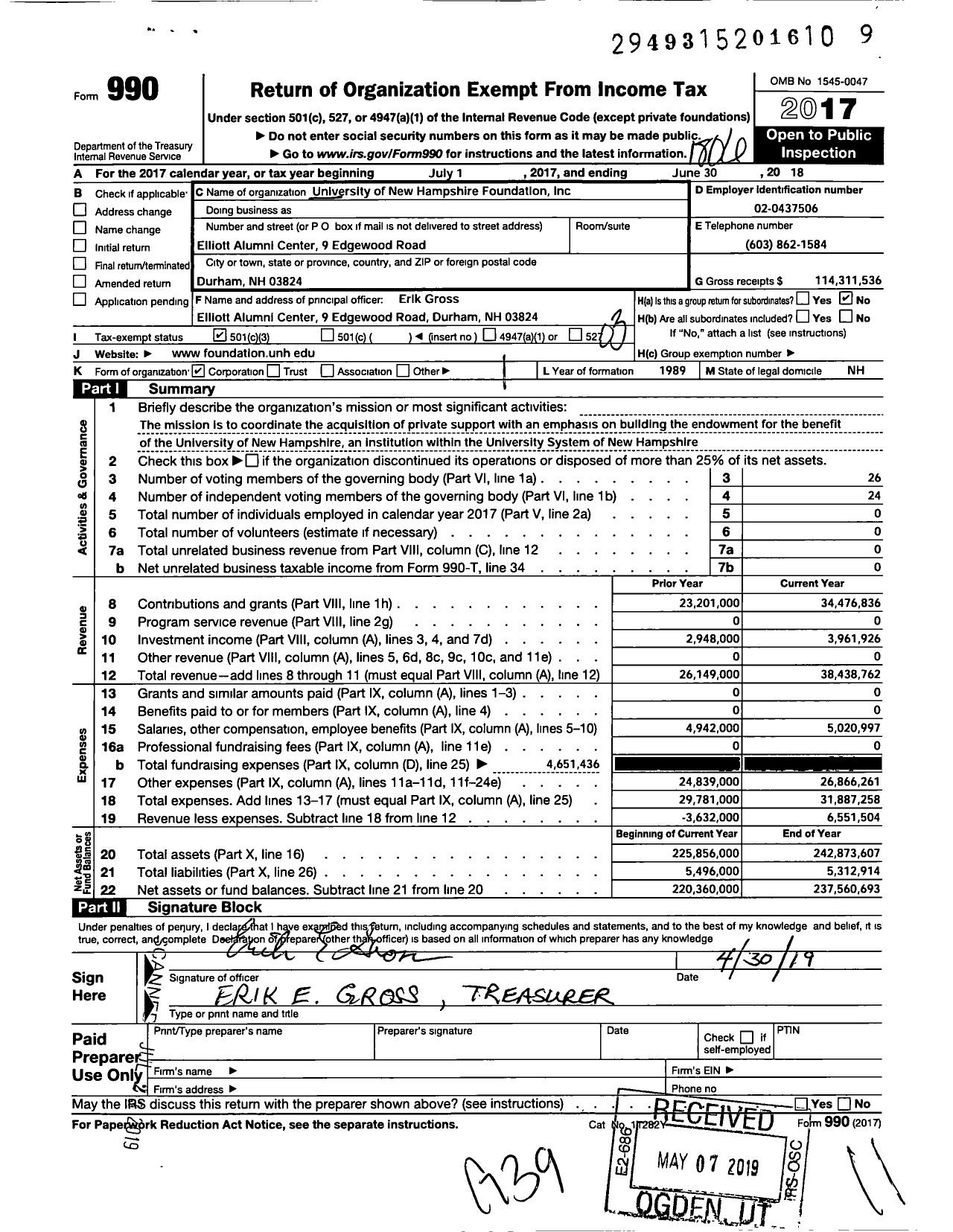 Image of first page of 2017 Form 990 for University of New Hampshire (UNH)