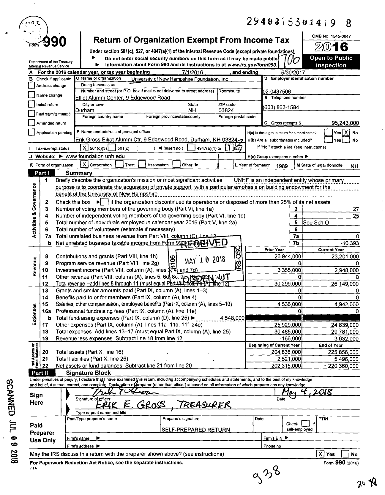 Image of first page of 2016 Form 990 for University of New Hampshire (UNH)