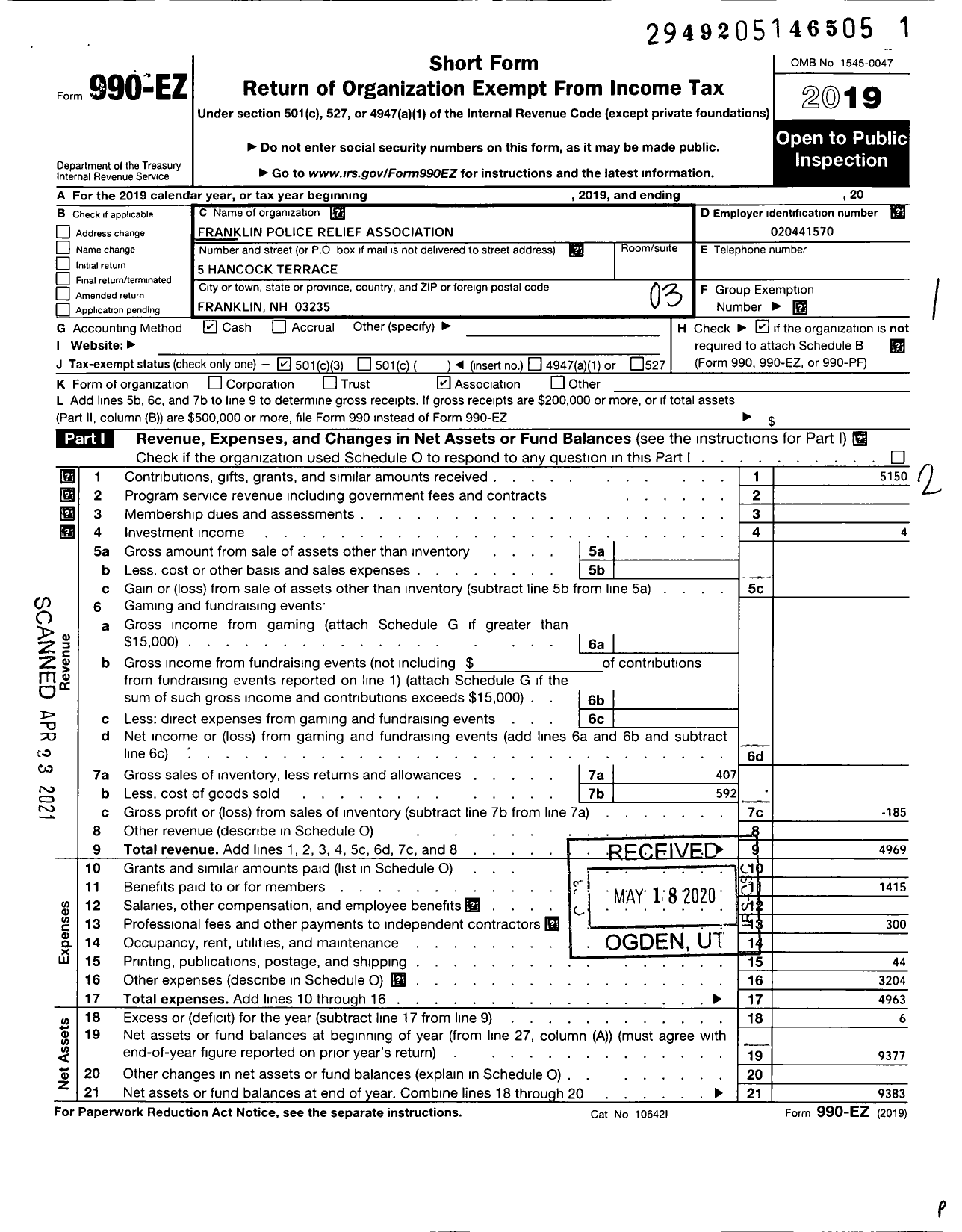 Image of first page of 2019 Form 990EZ for Franklin Police Relief Assocation