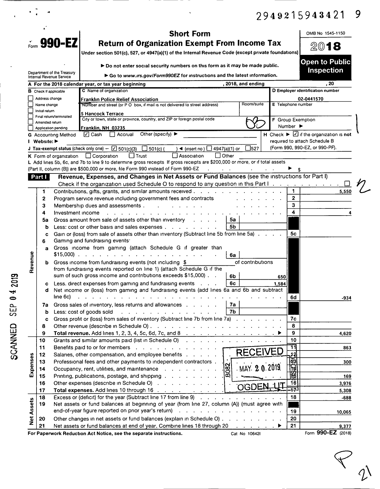 Image of first page of 2018 Form 990EZ for Franklin Police Relief Assocation