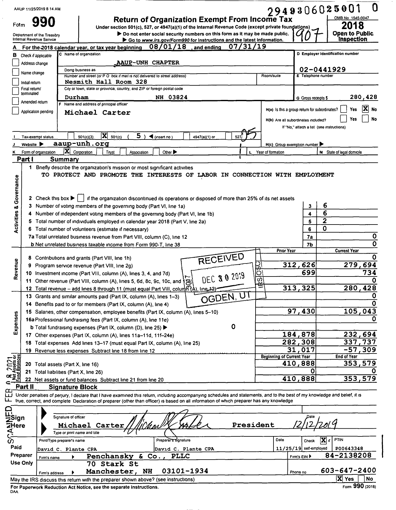 Image of first page of 2018 Form 990O for Aaup-Unh Chapter