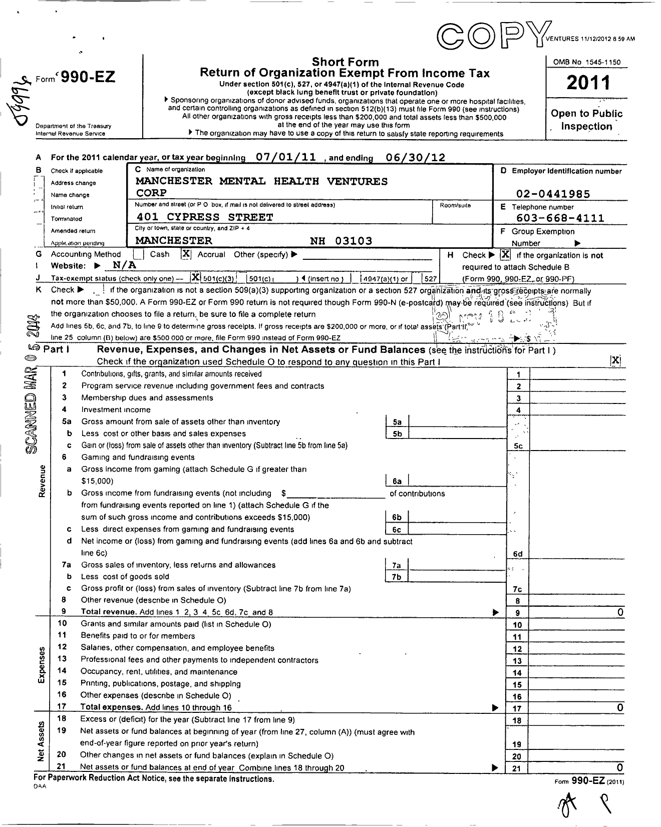 Image of first page of 2011 Form 990EZ for Manchester Mental Health Ventures Corporation