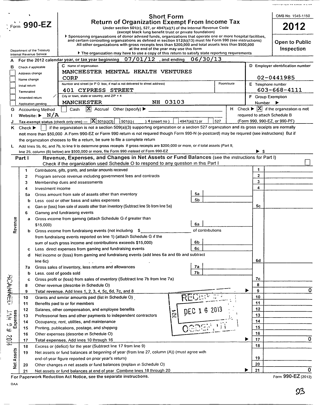 Image of first page of 2012 Form 990EZ for Manchester Mental Health Ventures Corporation