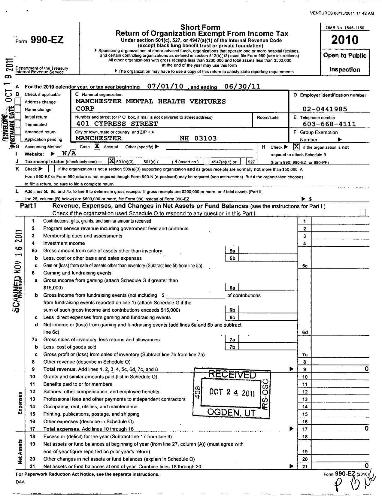 Image of first page of 2010 Form 990EZ for Manchester Mental Health Ventures Corporation