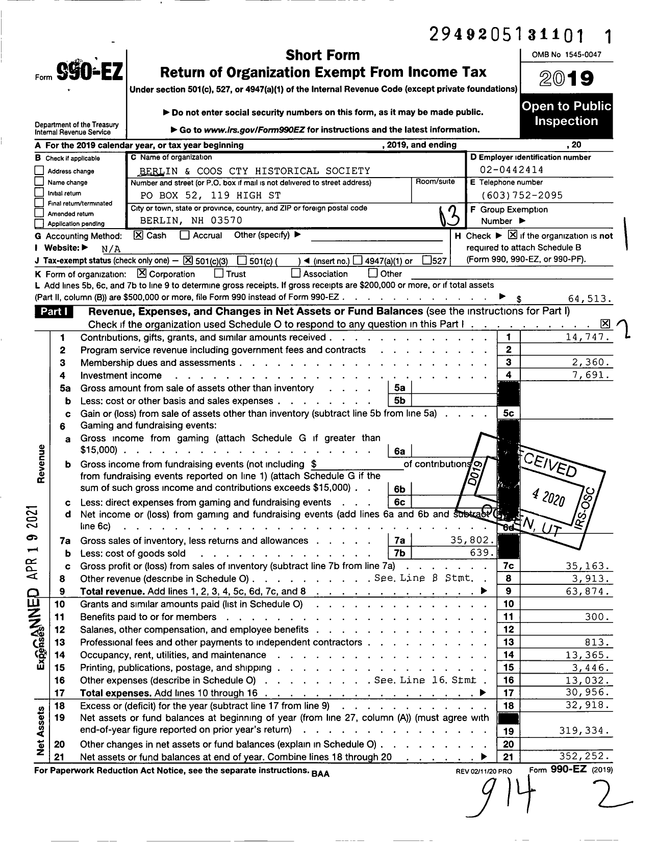 Image of first page of 2019 Form 990EZ for Berlin and Coos Cty Historical Society