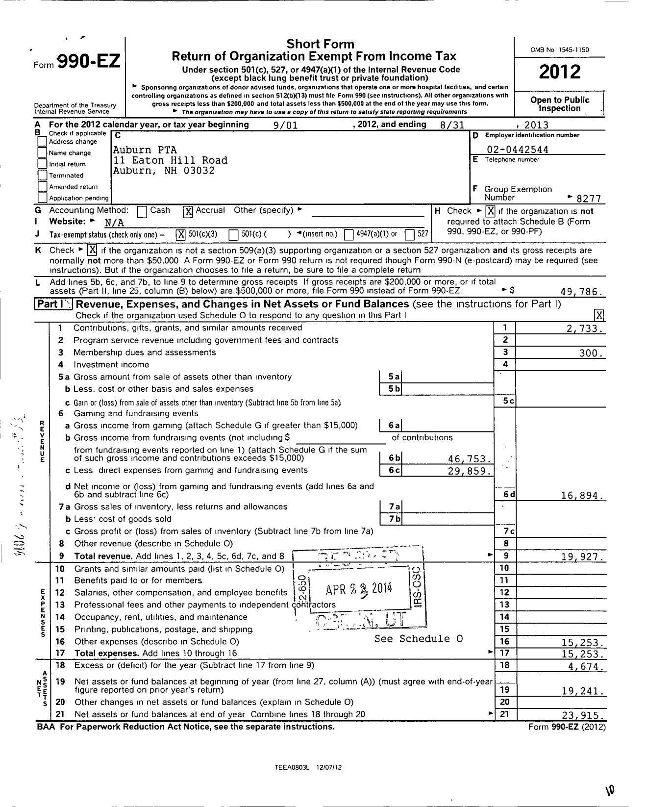 Image of first page of 2012 Form 990EZ for Auburn PTA