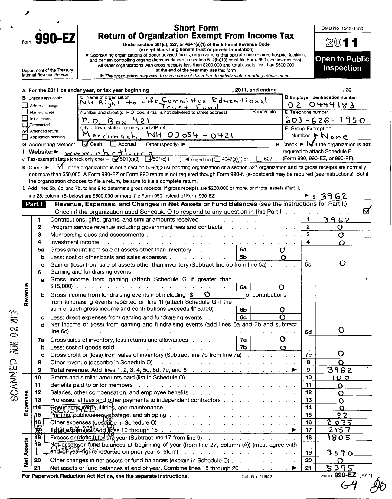 Image of first page of 2011 Form 990EZ for NH Right To Life Committee Educational Trust Fund