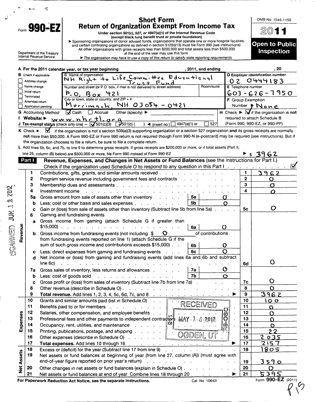 Image of first page of 2011 Form 990EZ for NH Right To Life Committee Educational Trust Fund