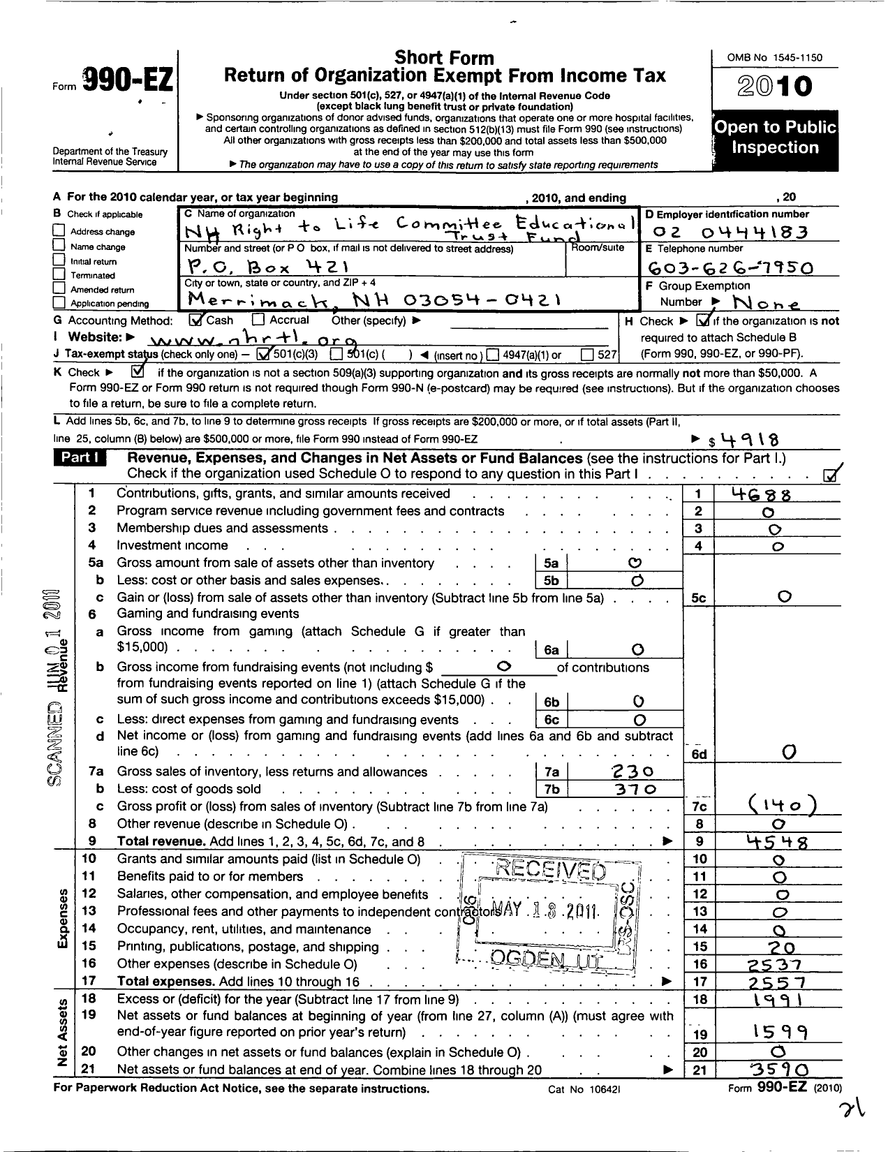 Image of first page of 2010 Form 990EZ for NH Right To Life Committee Educational Trust Fund