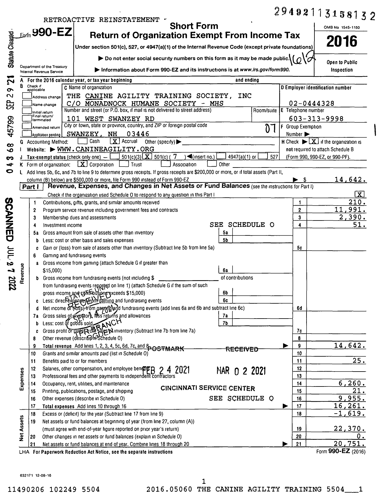 Image of first page of 2016 Form 990EO for The Canine Agility Training Society Incorporated