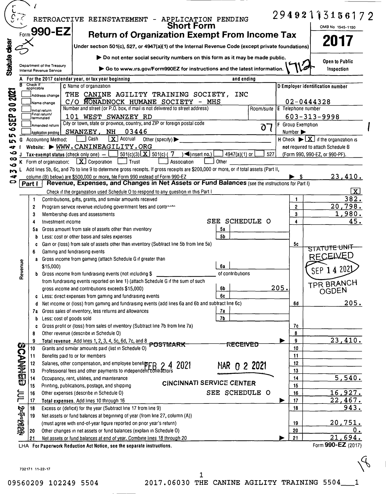 Image of first page of 2017 Form 990EO for The Canine Agility Training Society Incorporated