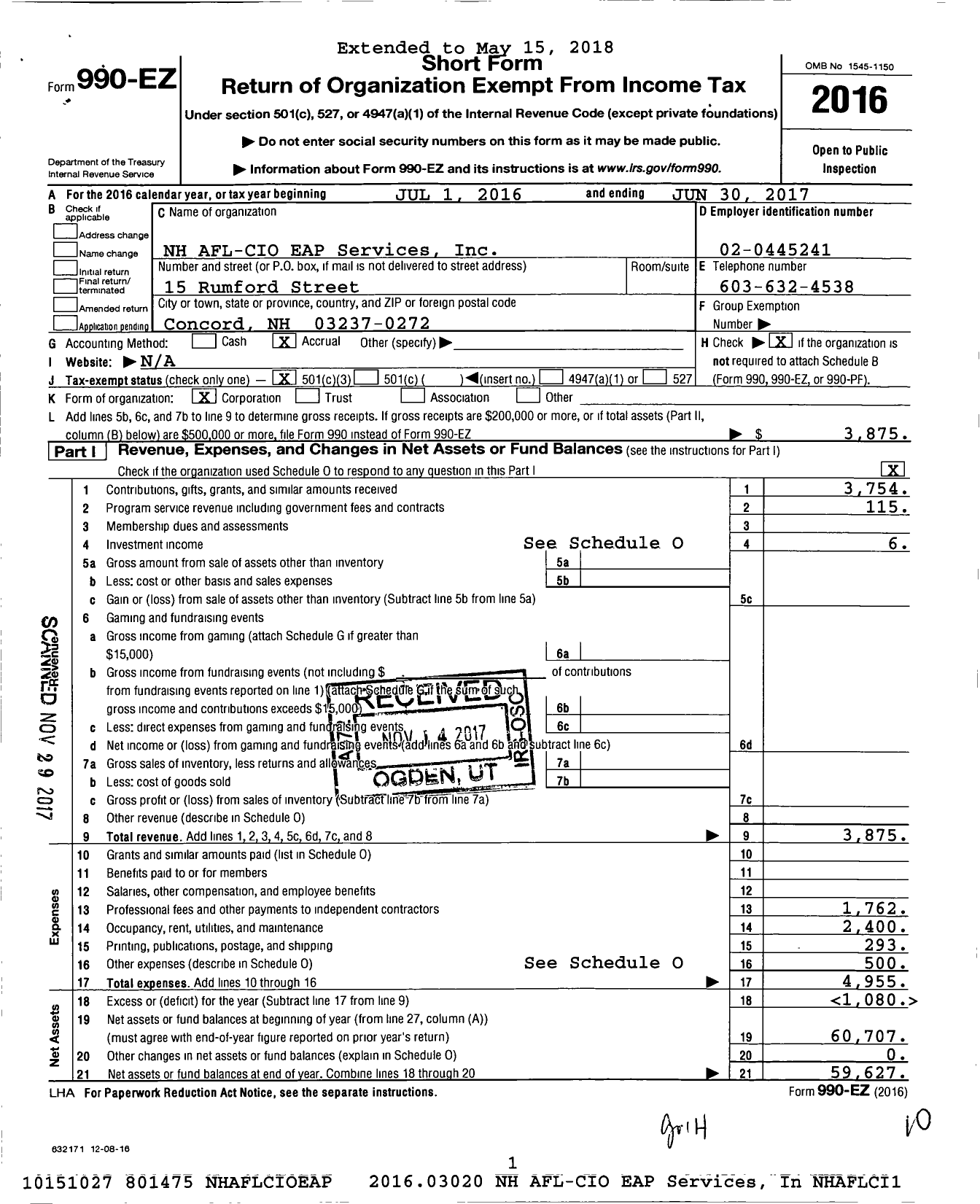 Image of first page of 2016 Form 990EZ for NH AFL-CIO Eap Services