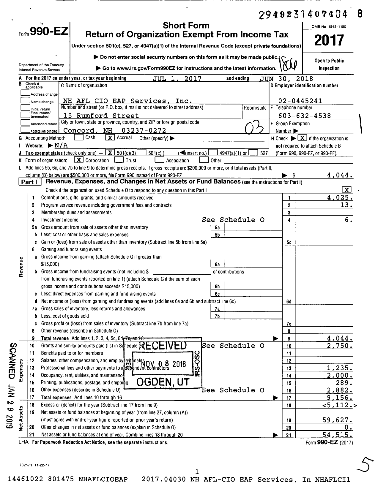 Image of first page of 2017 Form 990EZ for NH AFL-CIO Eap Services