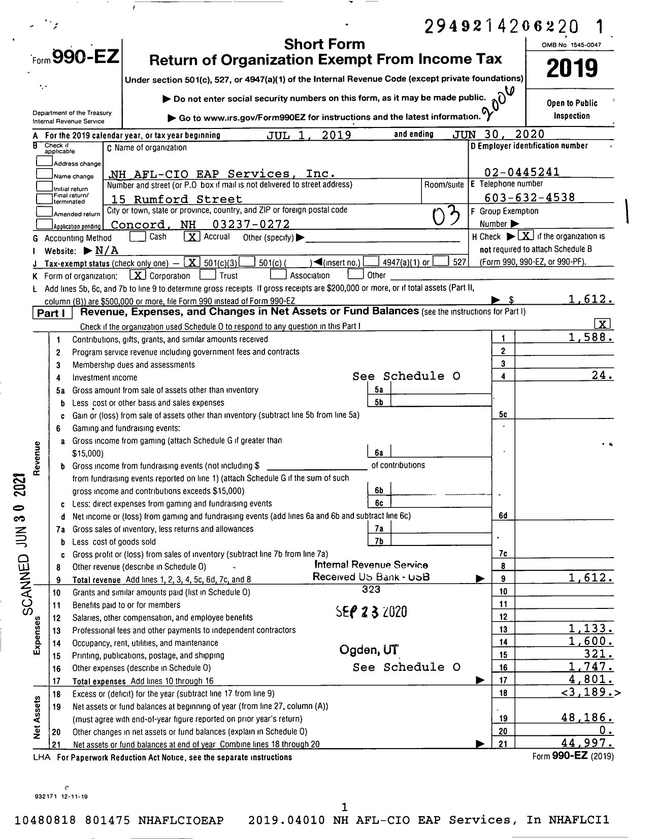 Image of first page of 2019 Form 990EZ for NH AFL-CIO Eap Services