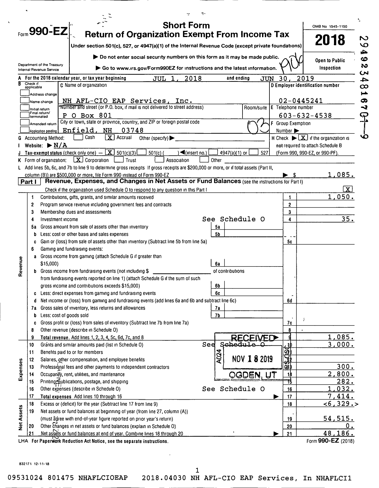 Image of first page of 2018 Form 990EZ for NH AFL-CIO Eap Services