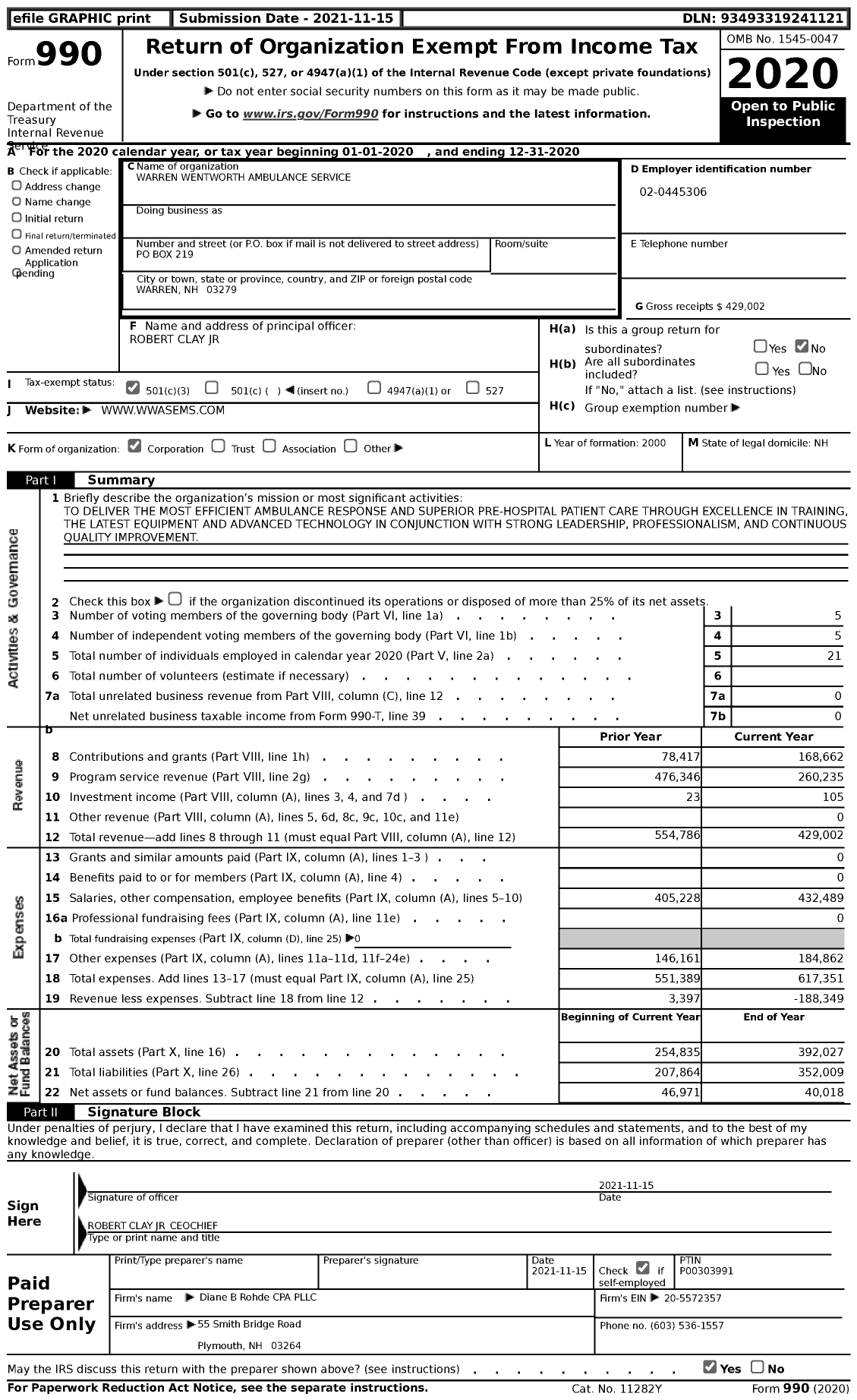 Image of first page of 2020 Form 990 for Warren Wentworth Ambulance Service