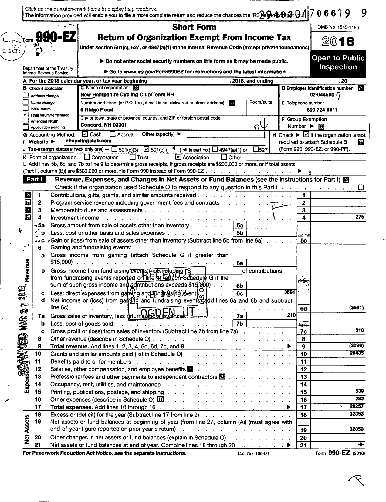 Image of first page of 2018 Form 990EO for New Hampshire Cycling Club