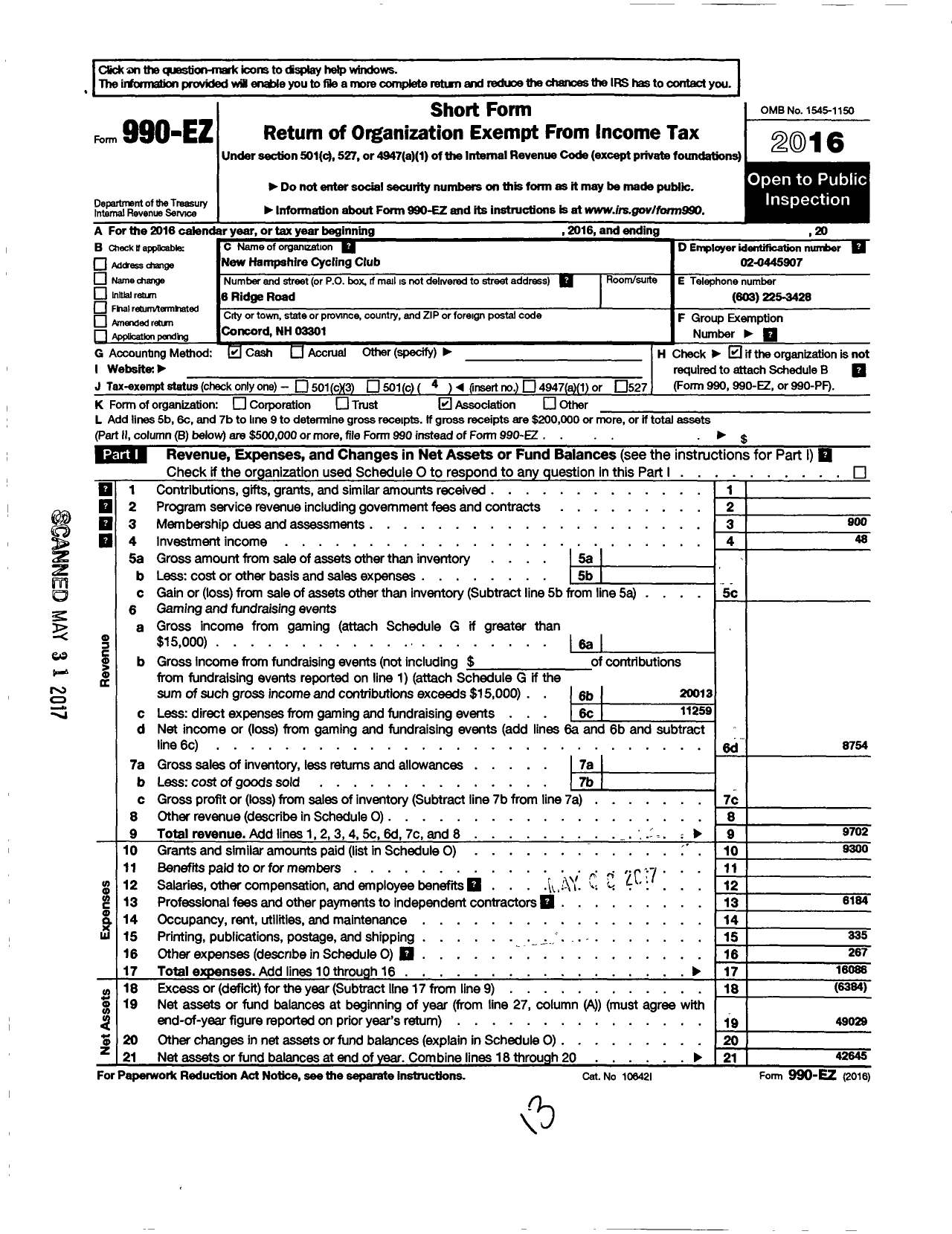 Image of first page of 2016 Form 990EO for New Hampshire Cycling Club