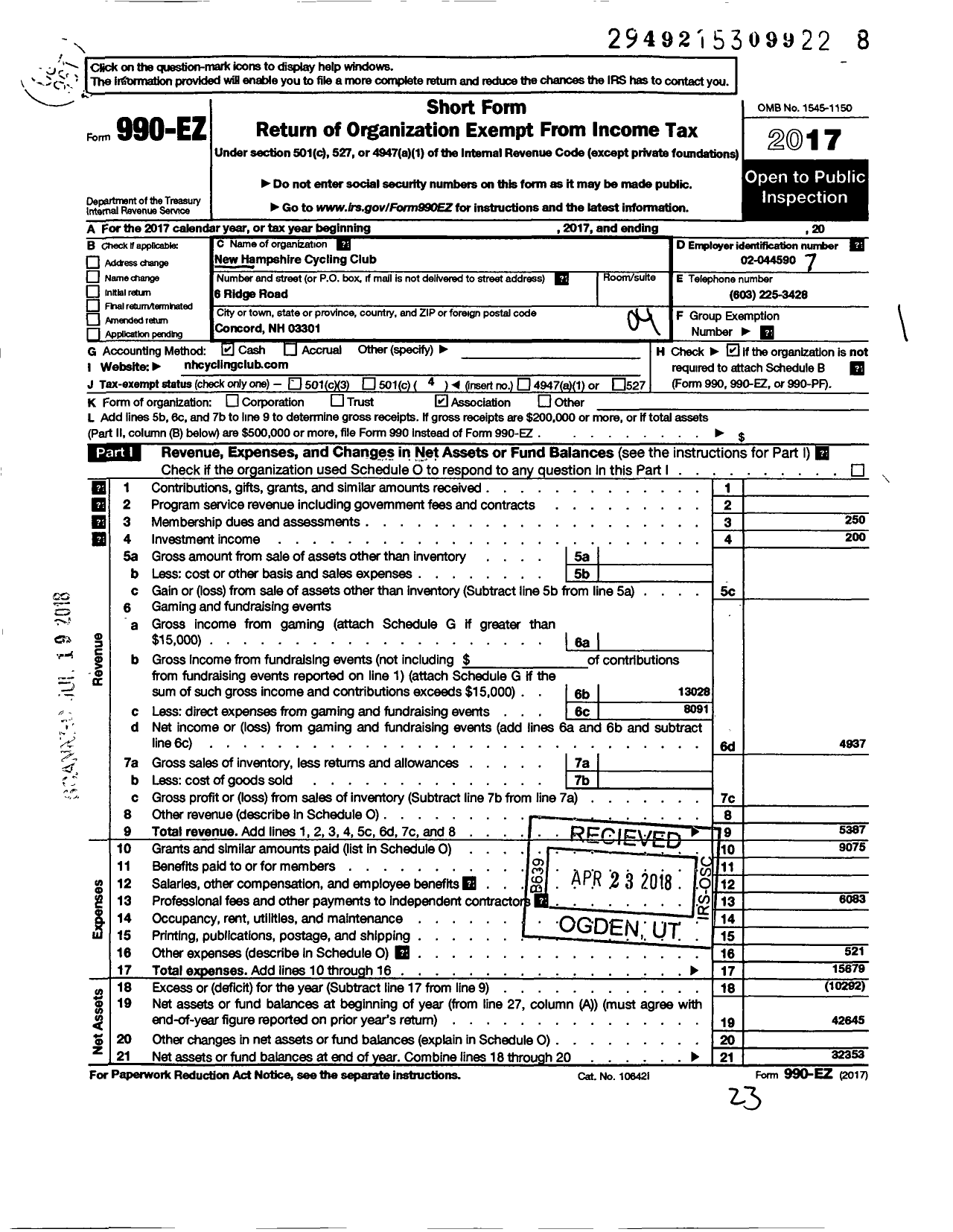 Image of first page of 2017 Form 990EO for New Hampshire Cycling Club