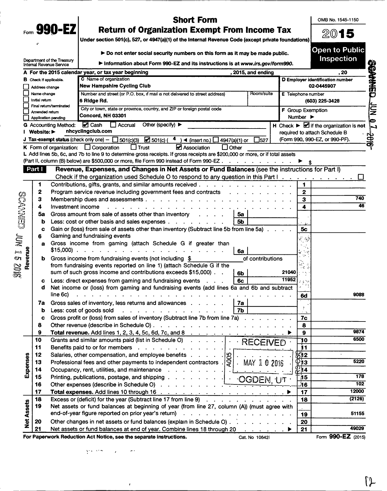 Image of first page of 2015 Form 990EO for New Hampshire Cycling Club