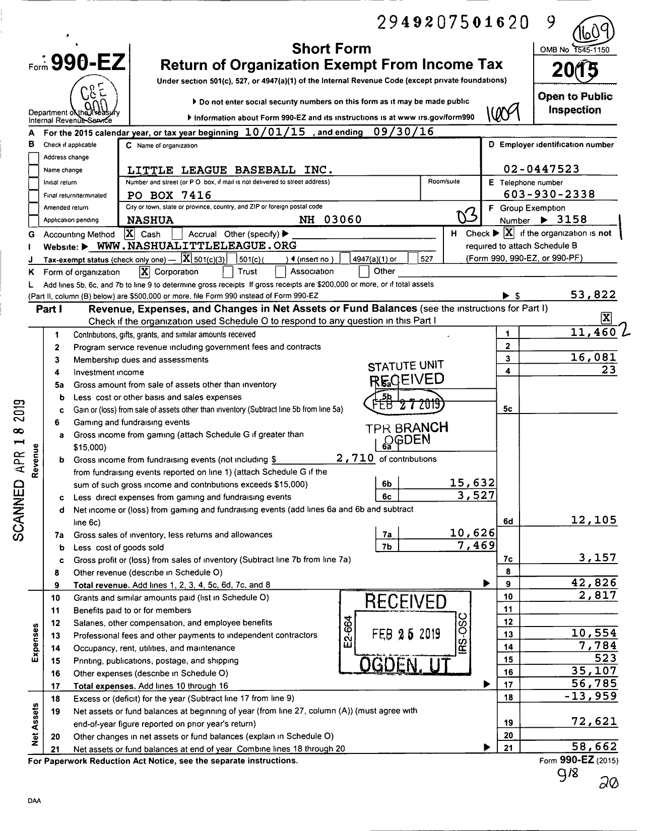 Image of first page of 2015 Form 990EZ for Little League Baseball - 2290120 Nashua LL