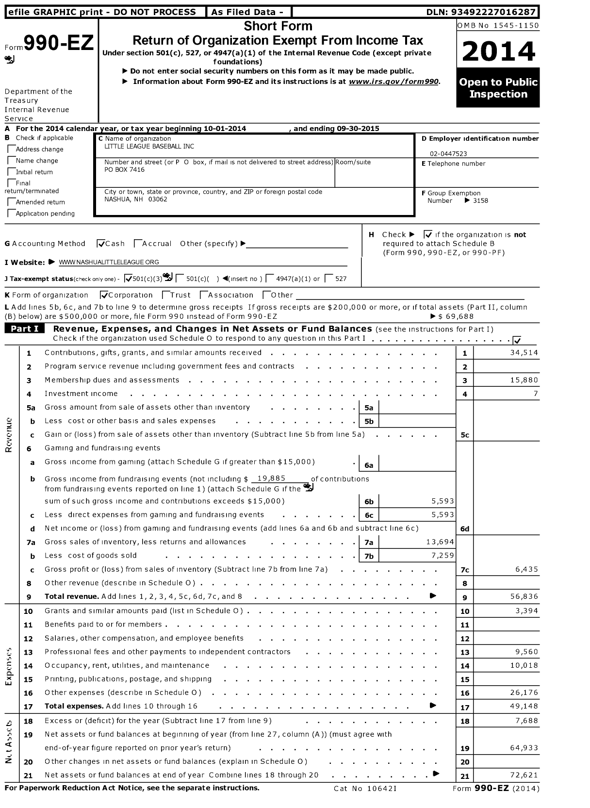 Image of first page of 2014 Form 990EZ for Little League Baseball - 2290120 Nashua LL