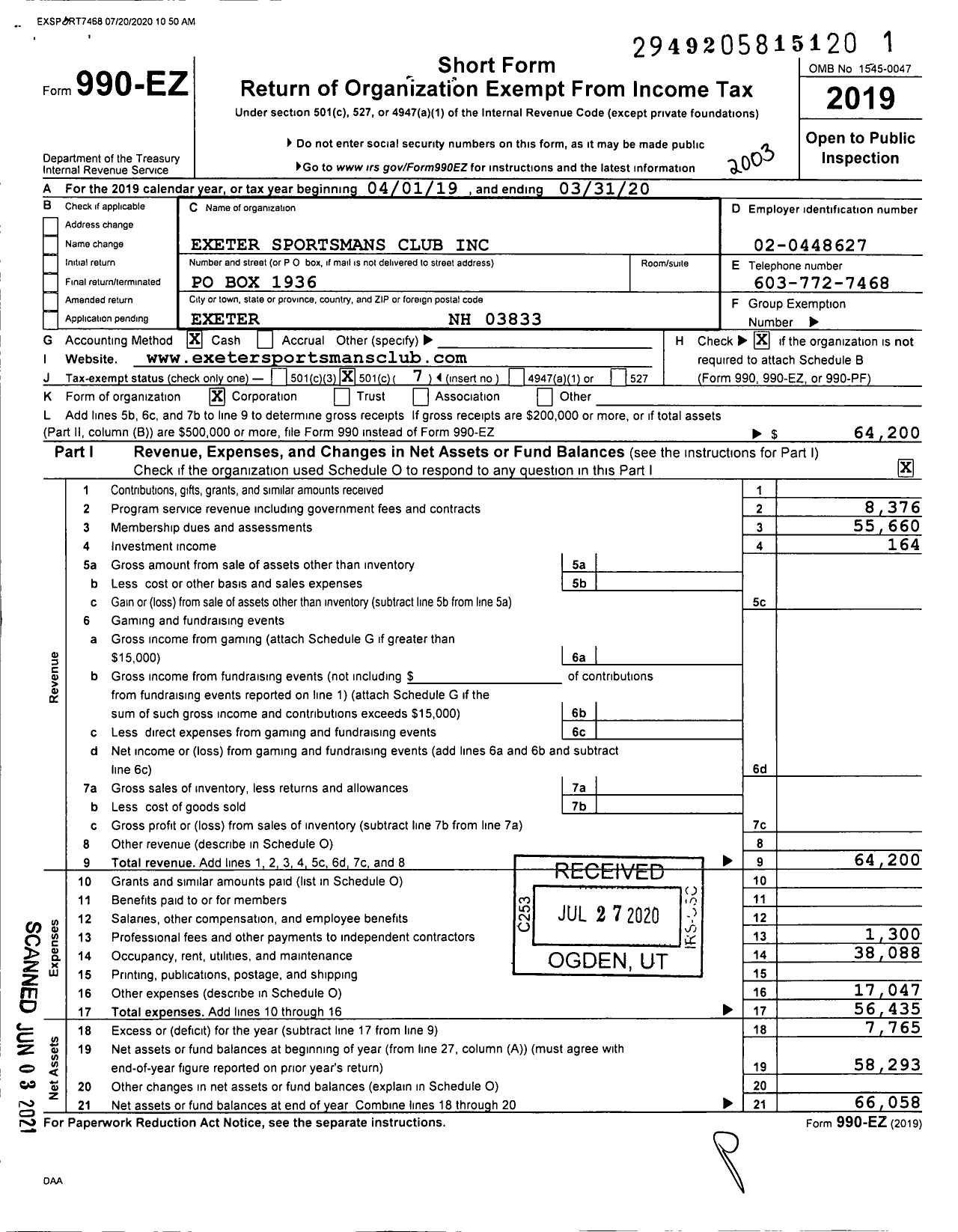 Image of first page of 2019 Form 990EO for Exeter Sportsmans Club