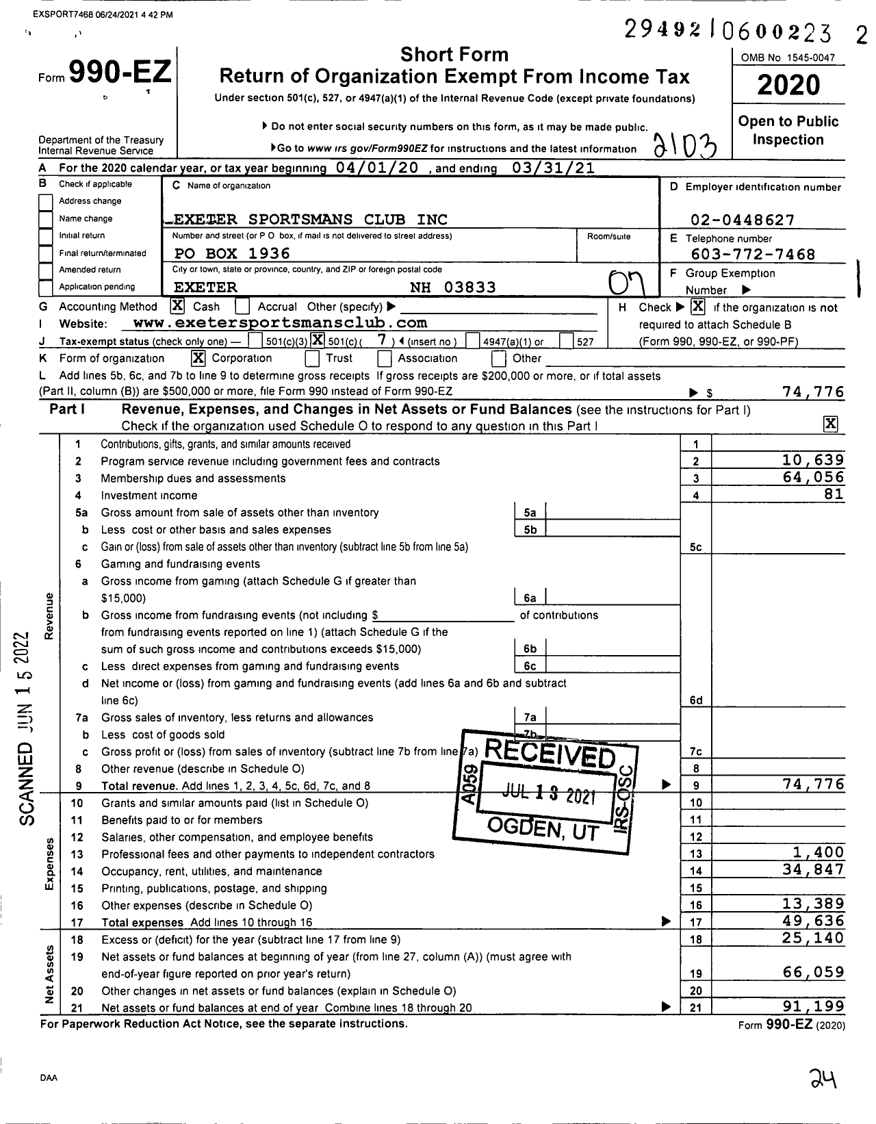 Image of first page of 2020 Form 990EO for Exeter Sportsmans Club