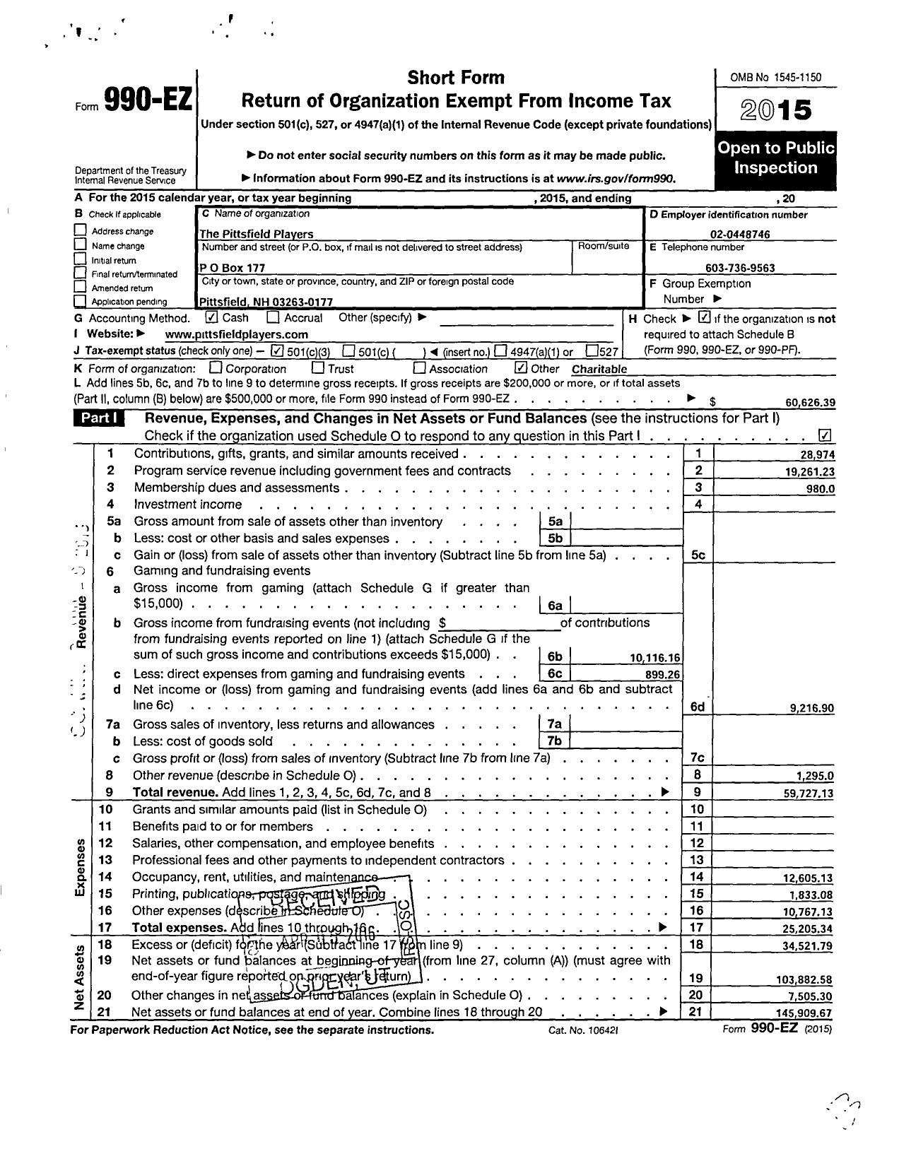 Image of first page of 2015 Form 990EZ for Pittsfield Players