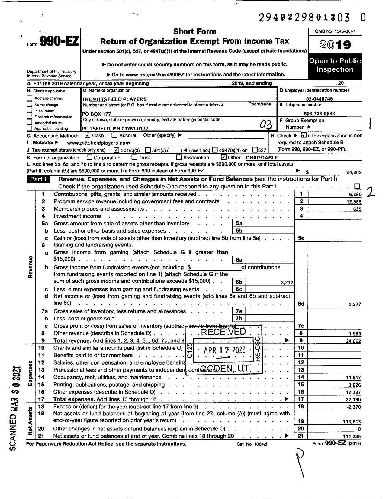 Image of first page of 2019 Form 990EZ for Pittsfield Players