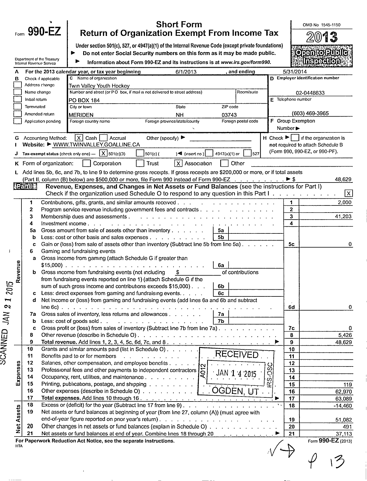 Image of first page of 2013 Form 990EZ for Twin Valley Youth Hockey