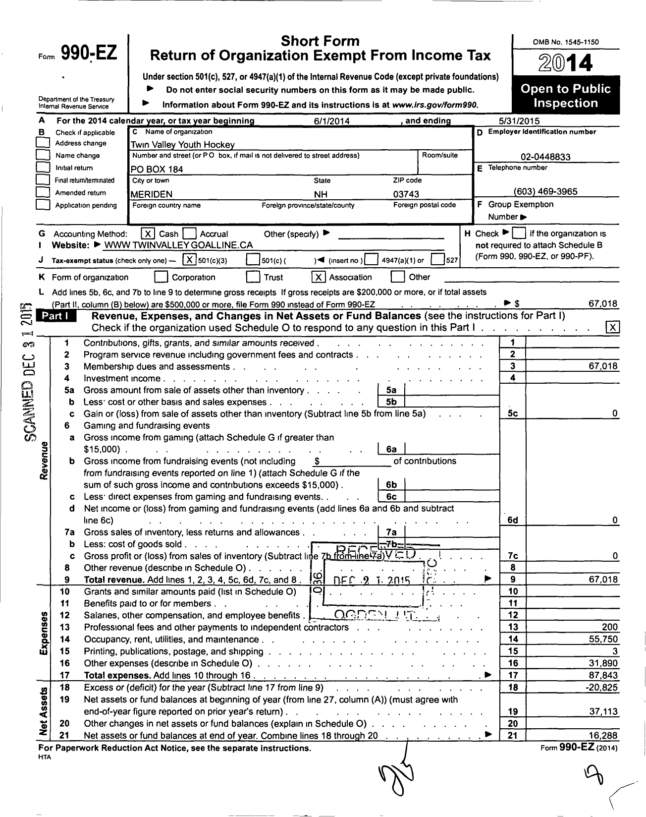 Image of first page of 2014 Form 990EZ for Twin Valley Youth Hockey