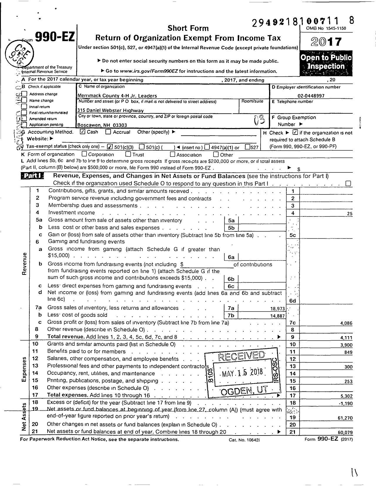 Image of first page of 2017 Form 990EZ for New Hampshire 4-H Association / Merrimack County 4-H Junior Leaders