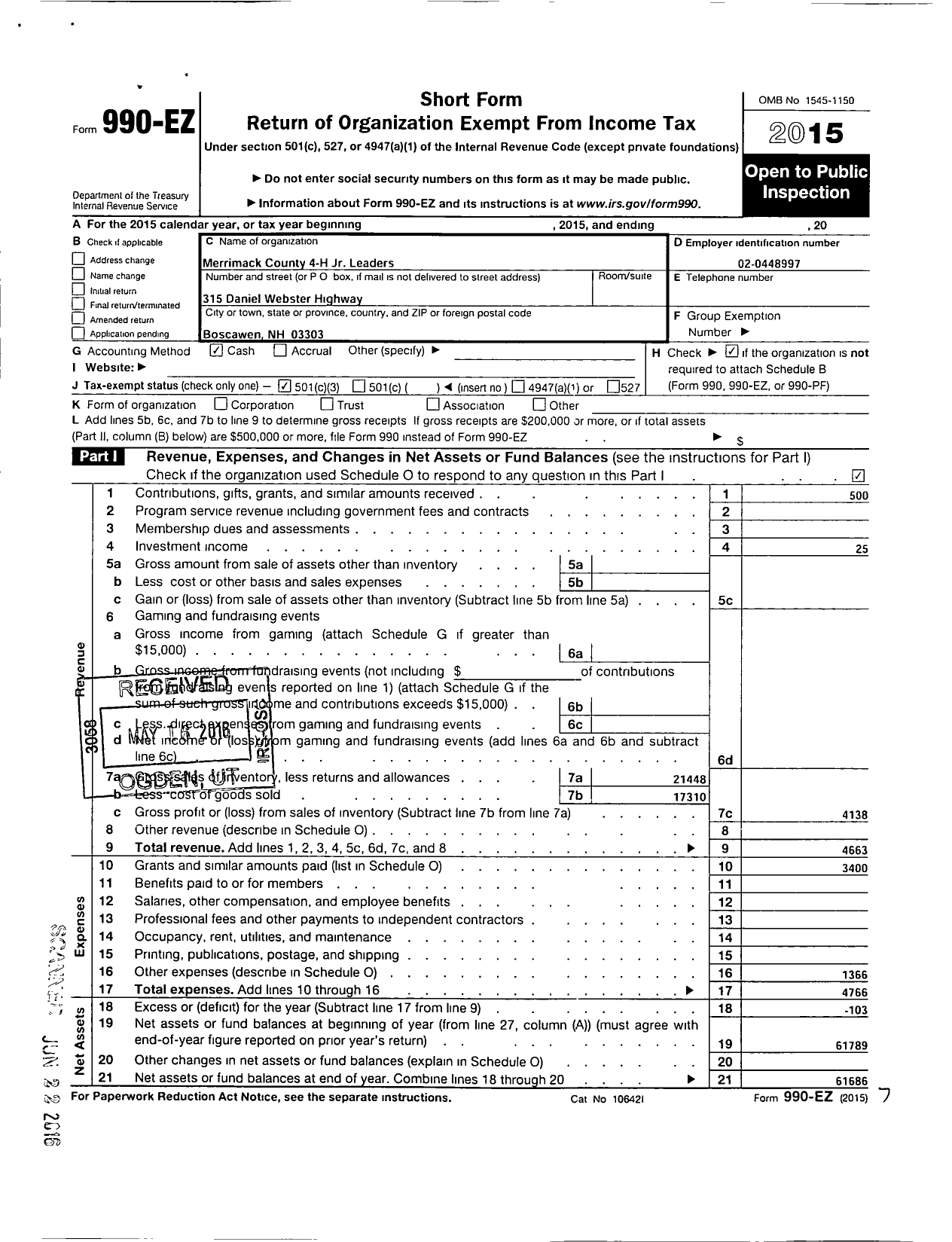 Image of first page of 2015 Form 990EZ for New Hampshire 4-H Association / Merrimack County 4-H Junior Leaders